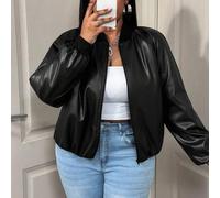 Shein Chaqueta corta con cremallera de piel sintética de moda para mujer de talla grande en otoño/invierno, para silueta de reloj de