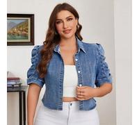 Shein Chaqueta corta de mezclilla casual para mujeres de talla grande, abotonada al frente con mangas cortas abullonadas para el verano