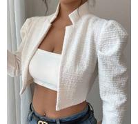 Shein Chaqueta corta de mujer con cuello alto, manga acampanada y textura de punto a rayas blancas, elegante y sofisticada, adecuada para el Día de Acción d