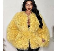 Shein Chaqueta corta de piel sintética amarilla brillante de manga larga para mujer talla grande con bufanda, corte holgado, estilo lindo Y2K milenario univ