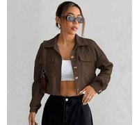 Shein Chaqueta corta de unicolor para mujer, estilo casual urbano, otoño, para mujeres de talla pequeña, viaje por carretera, turista, marrón oscuro