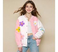Shein Chaqueta de base de béisbol casual y colorida con contraste de color 3D, primavera/agosto para niñas