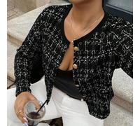 Shein Chaqueta de comerciante elegante a cuadros de manga corta y larga para mujer de talla grande y curvilínea, adecuada para otoño e invierno, para ir a l