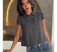 Shein Chaqueta de cuello Peter Pan con estampado de cuadros pequeños para regreso a clases, verano, Día del Maestro, oficina, marrón y blanco con lunares y