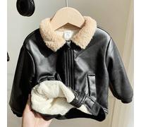 Shein Chaqueta de cuero sintético negro con forro térmico de manga larga con cremallera, estilo casual y lindo para bebés niños, ropa de invierno para bebé,