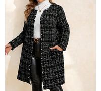 Shein Chaqueta de invierno para mujer talla grande, con patrón de bouclé sintético, de apertura frontal, manga larga, con botones de perlas y bolsillos