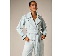 Shein Chaqueta de mezclilla cruzada con cinturón, corte corto, cuello de solapa ancha y mangas largas, prenda exterior casual de primavera y verano, largo a