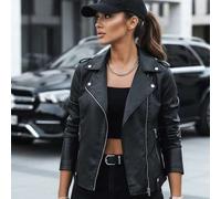 Shein Chaqueta de moto de piel sintética para mujer, diseño con cremallera, largo cropped que llega hasta la cadera, corte clásico de moto, bolsillos con cr