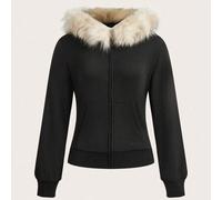 Shein Chaqueta de mujer casual retro Y2K punk de ajuste ceñido con cuello de piel sintética con capucha, manga larga, estampado de alas y rhinestones, cómod