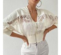 Shein Chaqueta de mujer con cremallera en la cintura, parche de encaje y bordado de unicolor