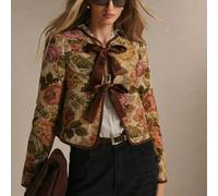 Shein Chaqueta de mujer vintage con estampado floral jacquard y bloques de color, con gran lazo, para otoño/invierno, fiestas de Navidad, Halloween y Año Nu