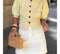 Shein Chaqueta de punto con mangas abullonadas y corte cropped para mujer VIBEWAVE, nueva llegada de primavera/verano, elegante francesa de un solo botonadu