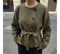 Shein Chaqueta de punto corta con cuello redondo, abotonada y con cinturón, de diseño elegante y versátil, para mujer, para otoño/invierno