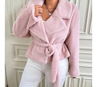 Shein Chaqueta de talla grande con cuello de piel sintética y hombros caídos, estilo casual, para otoño/invierno, para silueta de reloj de