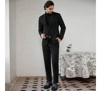 Shein Chaqueta de traje de manga larga con cuello de solapa y pantalones de unicolor, conjunto casual de negocios y viaje, estilo de dinero antiguo para hom