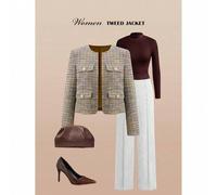 Shein Chaqueta elegante de uso diario y casual con cuello redondo, manga larga, abierta por delante, de tweed colorido y botones metálicos, para otoño/invie