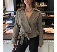 Shein Chaqueta Gabardina de Cuadros de Moda Otoñal para Mujer, Elegante para Oficina, Color Marrón
