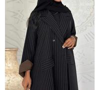 Shein Chaqueta larga de traje de bolsillo de doble botonadura con parches a rayas de estilo árabe, color negro de primavera