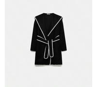 Shein Chaqueta Negra Armonías Tulip con Cuello Solapa y Bordados Exclusivos, Manga Larga y Cierre Cruzado con Cinturón de Tejido a Juego, Disponible en Vari