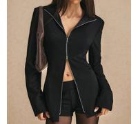 Shein Chaqueta negra casual con cremallera delantera para mujer, abrigo de manga larga, ropa de otoño e invierno, chaqueta de minimalismo normcore, esencial
