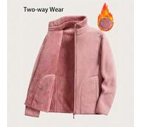 Shein Chaqueta reversible de felpa GRIM PANDA para mujer, abrigo de doble cara de softshell con bolsillos con cremallera, cuello alto, felpa polar, rosa dep