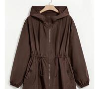 Shein Chaqueta tipo gabardina con capucha de manga larga para mujer talla grande, tejido color marrón chocolate, para otoño, salidas, club, casual y elegant