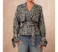 Shein Chaqueta tipo gabardina corta con estampado de leopardo marrón, solapa con muesca, doble botonadura, charreteras, cinturón con hebilla en la cintura,