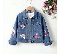 Shein Chaqueta vaquera casual de exterior para niñas Denimly, con estampados lindos de flores, arcoíris, moño, letras, corazón, cuello vuelto, manga larga,