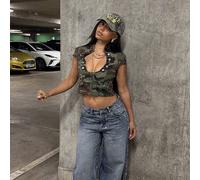Shein Chaqueta vaquera de camuflaje con abertura frontal sexy, de estilo casual y urbano de moda