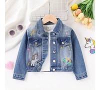Shein Chaqueta vaquera de lavado medio para niña con bordados de flores y arcoíris