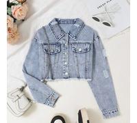 Shein Chaqueta vaquera lavada y oversize para niñas preadolescentes,con un ajuste cómodo y casual, con desgarros, para usar en vacaciones y en el día a día,