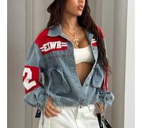 Shein Chaqueta vaquera suelta con bolsillo con cremallera, hombros caídos y estampado gráfico de letras de moda casual para mujer, primavera/otoño