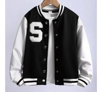 Shein Chaqueta Varsity con parches de letras y ribete blanco y negro para niñas preadolescentes, ropa de otoño, prenda exterior infantil con botones a presi