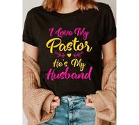 Shein Charming 'I Love My Pastor, He's My Husband' Quote T-Shirt - Casual Short Sleeve Tee for Women, Pastor's Wife, Loving, Shirt