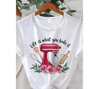 Shein Charming 'Life Is What You Bake It' Women's T-Shirt - Comfy Cotton Blend, Crew Neck, Short Sleeve, Perfect for Spring & Summer