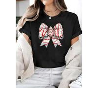 Shein Chic Coquette Bow Christmas Tree Graphic Tee - Casual Crew Neck Short Sleeve Top for Women, 100% cotton
