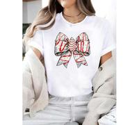 Shein Chic Coquette Bow Christmas Tree Graphic Tee - Casual Crew Neck Short Sleeve Top for Women, 100% cotton