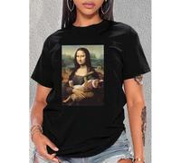 Shein Chic Mona Lisa & Kitten Print T-Shirt for Women - Casual Round Neck, Short Sleeve Top, Breathable Polyester, Machine Washable - Perfect for Spring/Sum