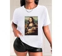 Shein Chic Mona Lisa & Kitten Print T-Shirt for Women - Casual Round Neck, Short Sleeve Top, Breathable Polyester, Machine Washable - Perfect for Spring/Sum