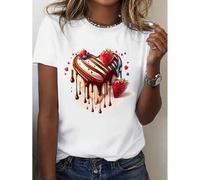 Shein Chic Women's 100% T-Shirt with Heart-Shaped Chocolate & Strawberry Print - Soft, Breathable Fabric for All-Season Comfort | Casual Crew Neck, Short Sl