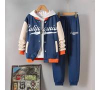 Shein Chico preadolescente Cazadora tipo bomber con estampado de letra de color combinado de hombros caídos con pantalones deportivos sin capucha