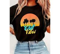 Shein Chill Vibes Retro Color Sunset T-Shirt Print T-Shirt Casual Crew Neck Short Sleeve Comfort Tee Top For Spring & Summer Women'S ClothingCasual Round Ne