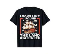 Shein Christopher Columbus Italian Happy Columbus Day T-Shirt "LOOKS LIKE I FOUNF THE LAND OF THE FREE" Graphic Tee Casual Crew Neck Short Sleeve