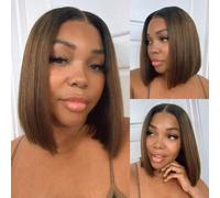 Shein Cierre de cabello de 7x5 pulgadas Peluca de encaje Bye Bye Knots Castaño Ombre Yaki Recto Bob Peluca 100% Cabello Humano Pre Cortado Pre Decolorado Pr