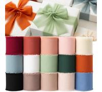 Shein Cintas de seda de gasa hechas a mano con bordes deshilachados, surtido de cintas para envolver regalos, ramos de novia, duchas y tarjetas de invitació