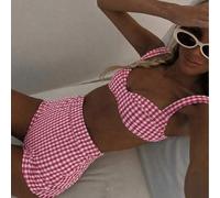 Shein Colección de trajes de baño de verano para mujer, bikini de tiras anchas a cuadros retro con braguitas de cintura alta en dos piezas, sexy y estilizad