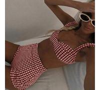 Shein Colección de trajes de baño de verano para mujer, bikini de tiras anchas a cuadros retro con braguitas de cintura alta en dos piezas, sexy y estilizad