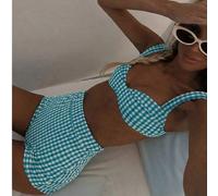 Shein Colección de trajes de baño de verano para mujer, bikini de tiras anchas a cuadros retro con braga de cintura alta en dos piezas, sexy y estilizador d
