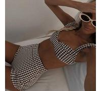 Shein Colección de trajes de baño de verano para mujer, bikini de tiras anchas a cuadros retro con braga de cintura alta en dos piezas, sexy y estilizador d