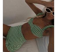 Shein Colección de trajes de baño de verano para mujer, conjunto de dos piezas de bikini a cuadros retro con tirantes anchos y braga de cintura alta, sexy y